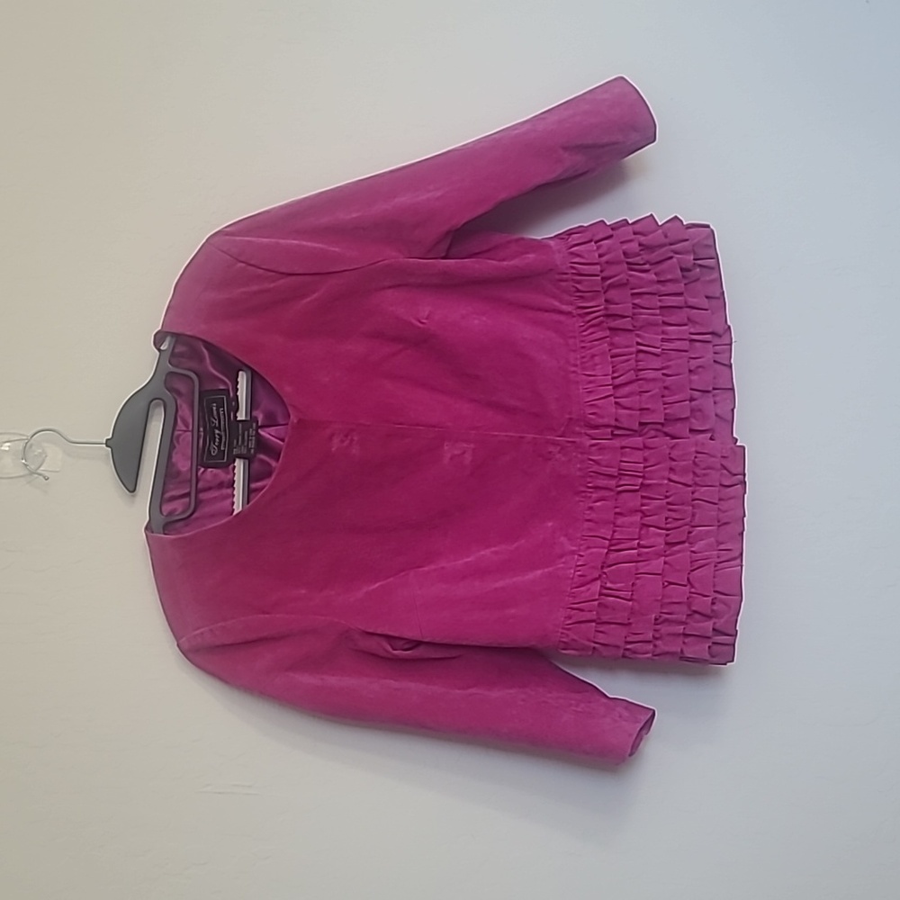 Jerry Lewis Pink M 3/4 Sleeves 6 Layer Ruffles Hem  Genuine Suede Leather Jacket
